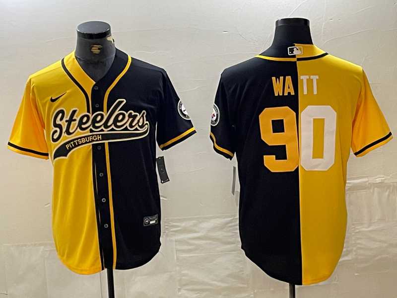 Mens Pittsburgh Steelers #90 TJ Watt Yellow Black Split With Patch Cool Base Stitched Baseball Jersey Dzhi->->NFL Jersey